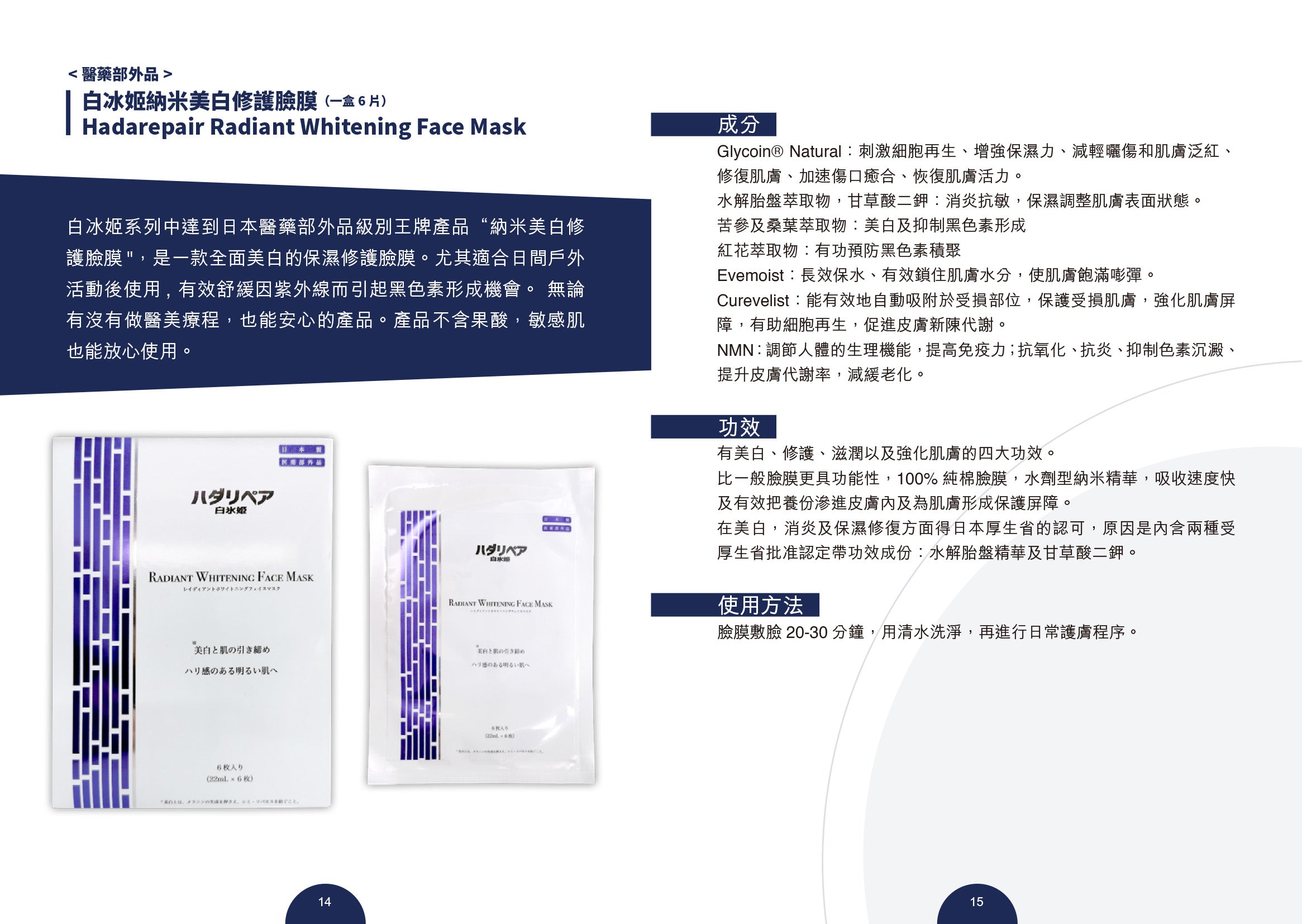 升級版 白冰姬 納米美白 修護臉膜 Hadarepair Radiant Whitening Face Mask (22ml x 6片）